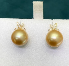 Nice 11-12mm AAAA+ Natural south sea routh white yellow pearl earrings 18k-x