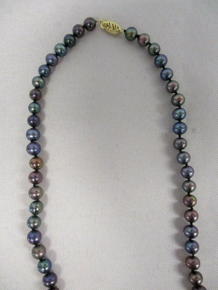 GENUINE BLUE GREEN & APRICOT PEARL CHOKER NECKLACE w 14K FIC GOLD CLASP 15 1/2" - Image 3 of 4