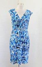 Ann Taylor Blue Green Tan Watercolor Abstract Printed Draped Dress Size S V Neck