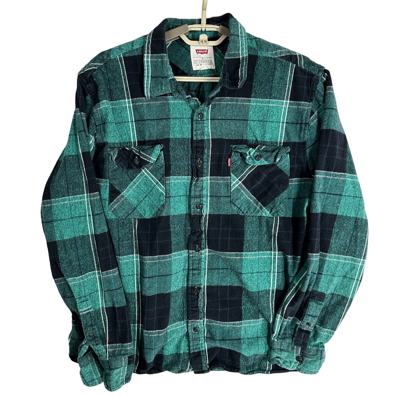 Levis Flannel Shirt XL Green Black Plaid Button Up 100% Cotton Dual Pockets-image