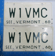 1960 60 VERMONT VT HAM AMATEUR RADIO LICENSE PLATE TAG PAIR SET # W1VMC