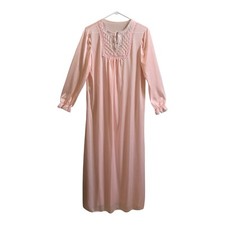 Vintage Katz Nightgown LARGE Pink Embroidered Elastic Sleeve Cottagecore Gown