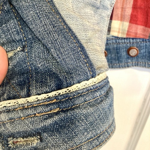 Pilcro and the Letterpress Denim Jean Jacket Plaid Flannel Leather Sz M Cropped - Bild 13 von 24