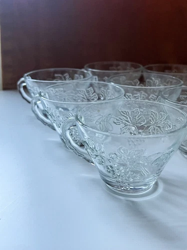 Vintage 1960s Anchor Hocking - S/8 Pressed Glass Grapes w/ Vines Punch Cups