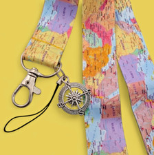WORLD TRAVELER LANYARD global map compass charm geography teacher neck strap Y2