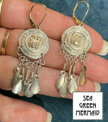 18k Gelbgold & 925 SCHWARZE WITWE SPINNE Ohrhänger Feder Ohrringe. 14k Leverbacks