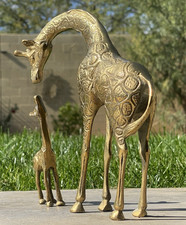 Vintage Solid Brass Giraffe Figurines Mother & Baby Calf Statue, Animal Decor
