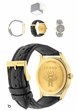 Gucci G-Timeless 126.4 Black GG Dial Gold Case Leather Strap Quartz 50m Box