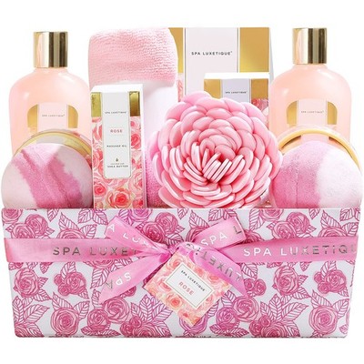 Spa Gift Basket Set 12 Pcs Rose Bath Bombs Body Lotion Hand Cream Pink Luxetique