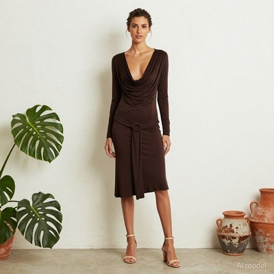 Vintage Retro Midi Dress Brown Jersey Shift Cowl Neck Long Sleeve Ring Mod L