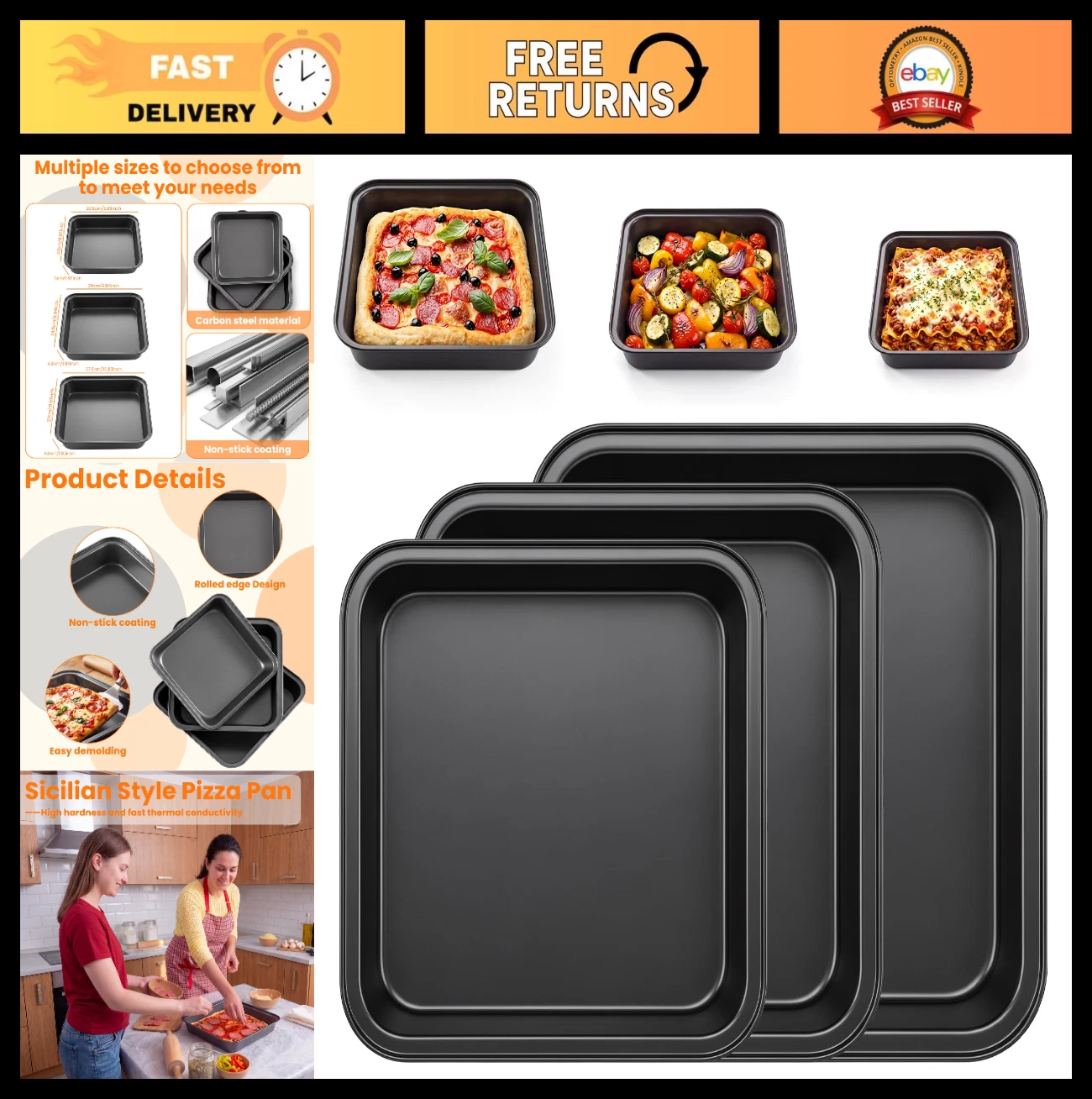 3 Pcs Square Detroit Style Pizza Pan Set - 8, 9, 10 Inch Non-Stick Bakeware