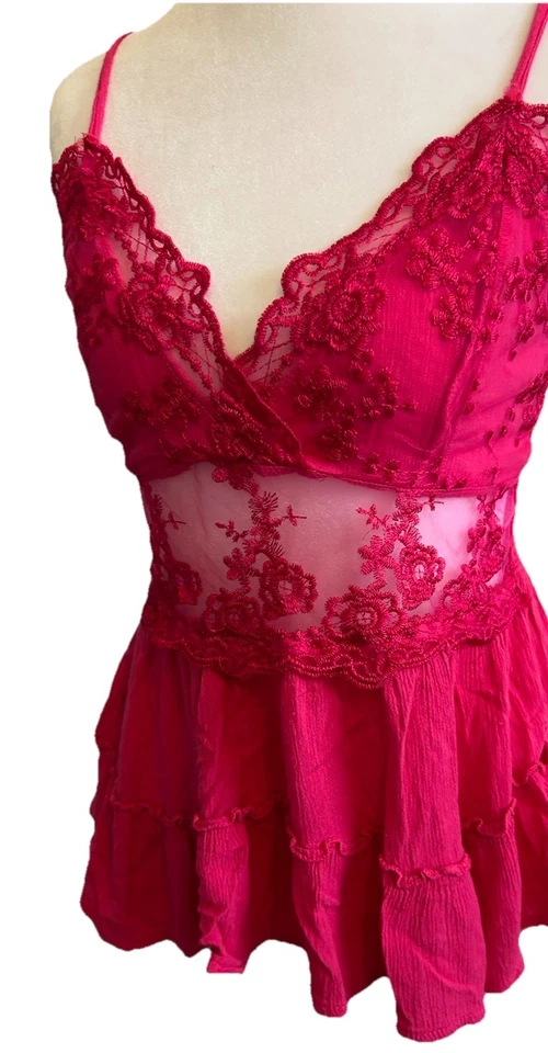 Top Y2K Babydoll Cami Rosa Caliente Encaje RUE 21 Festival Coquette Fairy Club Años 90 L Foto 3 de 4