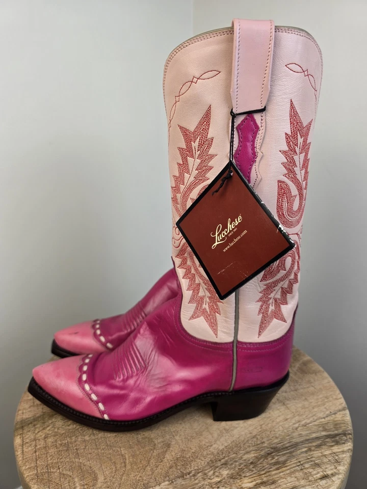 BOTAS VAQUERAS LUCCHESE MUJER TALLA 7 ROSA BARBIE CON CORDONES PUNTA CORTA HECHAS EN EE. UU. 1883 Foto 4 de 4