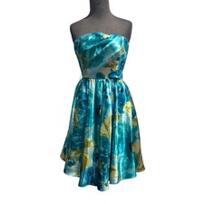 Charlotte Russe Teal Floral Satin Strapless Fit & Flare Party /prom Dress Medium