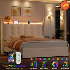 Queen Size Modern Platform Bed Frame with LED Lights Headboard Storage, Beige