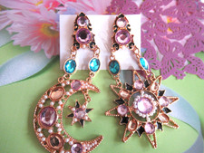 CELESTIAL ASYMMETRICAL RHINESTONE MOON SUN  STARS DROP EARRINGS STATEMENT NEW