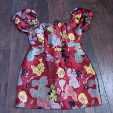 Lulus Dress Women’s L Red Jacquard Floral Puff Sleeve Mini Party