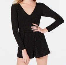 Trixxi Women Black Glitter V Neck Long Sleeve Romper Jumpsuit Junior Size S