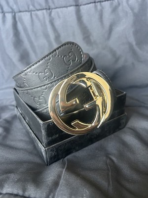 Gucci Men's GG Monogram Black Leather Belt Gold Buckle Size 105 cm Fit 28-30
