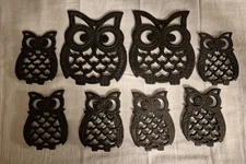 Vintage Cast Iron Owl Trivet Trivets Set of 8 Black Owls 5" & 3.75"