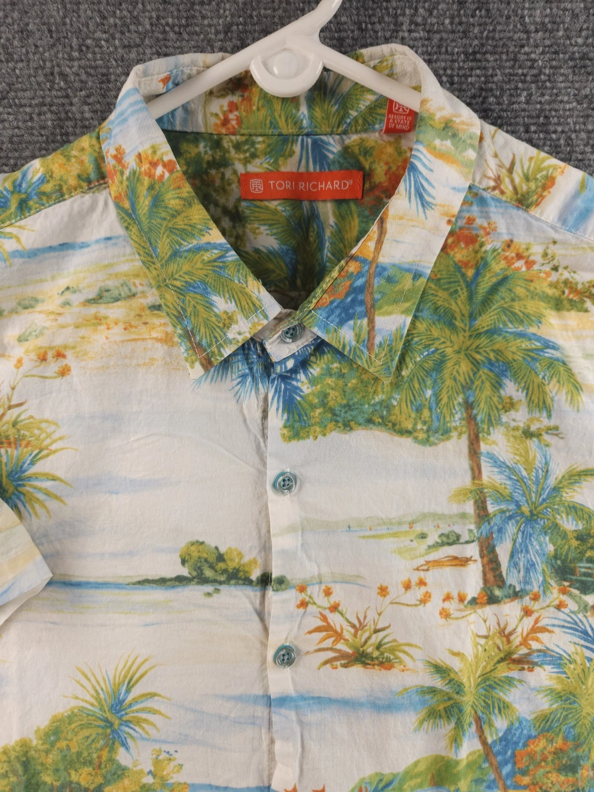 Tori Richard Beach Scene Print Hawaii Large Short Sleeve Colorful Cotton USA