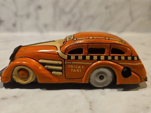 Vintage Tin MARX Tricky Taxi Litho Windup Toy Taxi - Works!