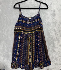 One Clothing Mini Dress Womens Size Large Blue Yellow Pattern Adjustable Straps