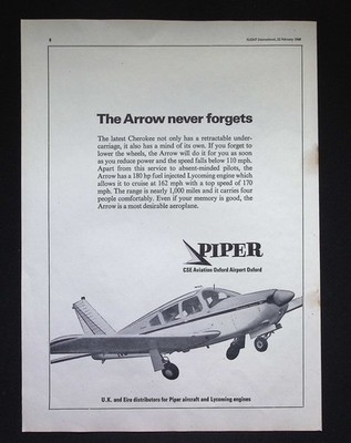Original 1968 Reklame Piper Cherokee Pfeil Flugzeug versenkbares Unterwagen
