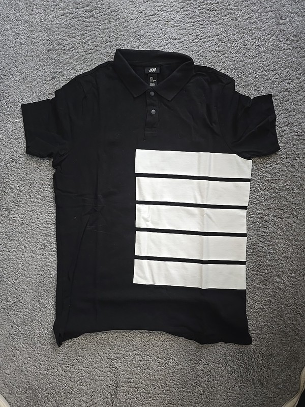 H&M Black White Striped Appliqué Short Sleeve Polo Button Up Shirt Size Small