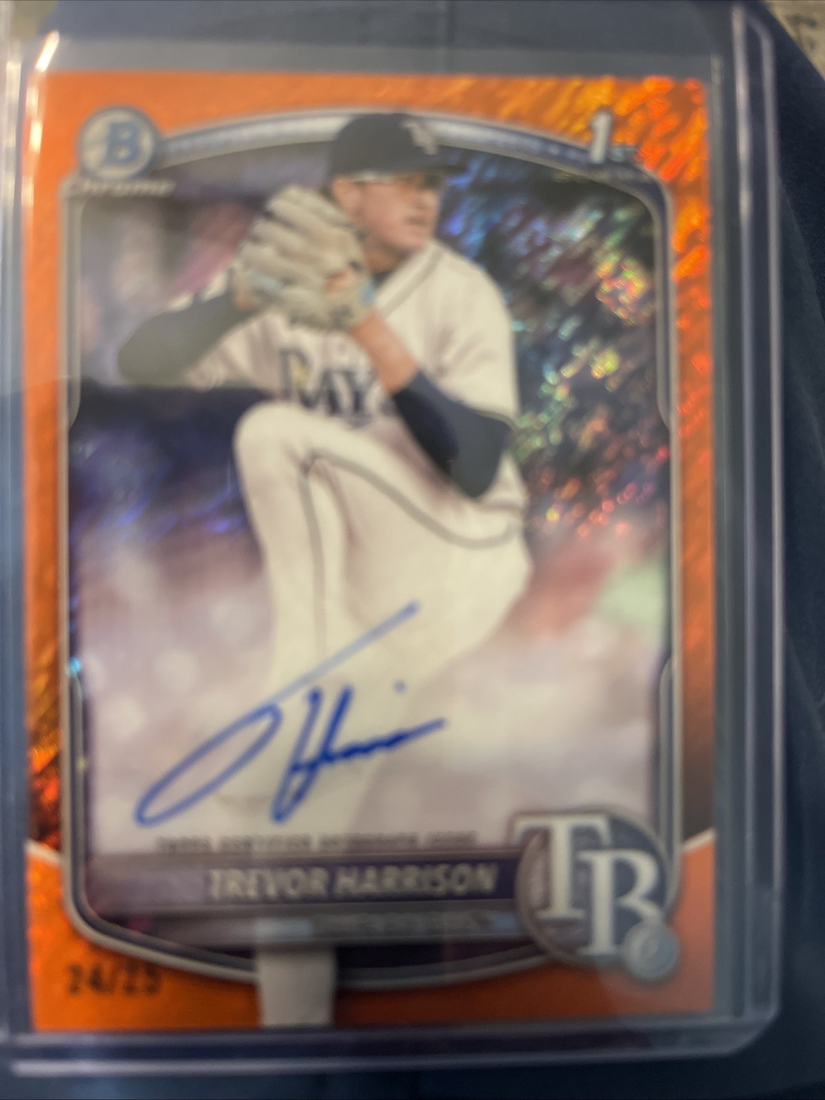 Trevor Harrison 2025 Bowman Chrome 1st TRUE ORANGE WAVE Auto /25 Rays CPA-THA