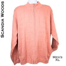 Scandia Woods Mens Zip Sweater XL Peach Cardigan Grid Knit Mock Neck Pockets