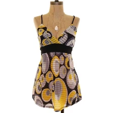 DAYTRIP The Buckle Tank Top Blouse S Tie Back Sheer Geo Print Black Yellow B73