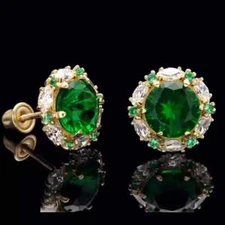 3Ct Lab Created Green Emerald Round Cut Halo Stud Earring 14K Yellow Gold Over