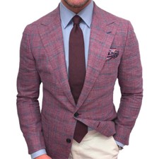 Men s Fit Blazer Classic Checkered Design Single Color Lapel Long Sleeve Butto