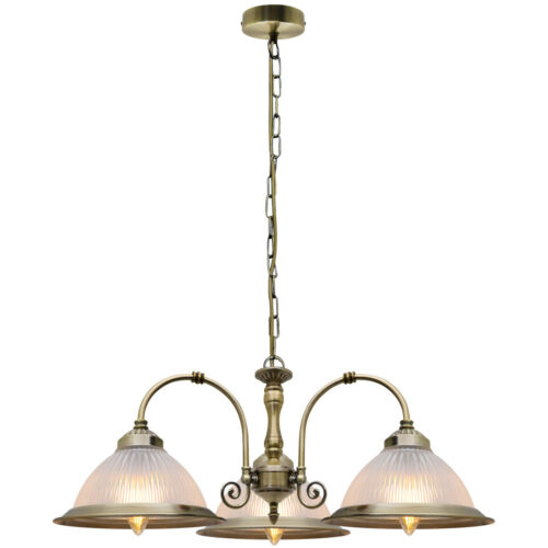 Vintage Ceiling 3 Light Antique Brass Pendant Light Ribbed Glass Lamp Shade K431 - Picture 2 of 17