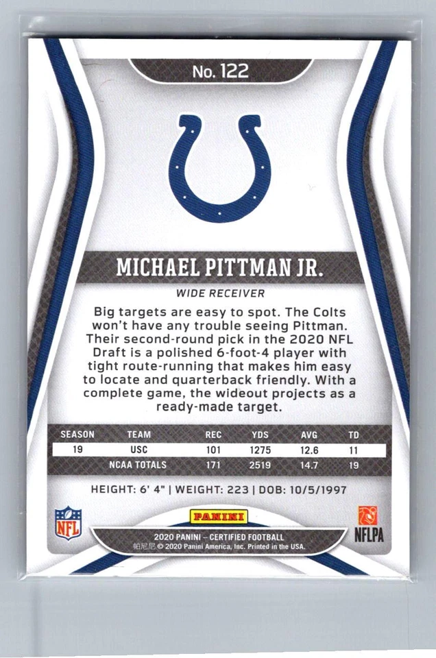 Michael Pittman Jr. 2020 Panini Certified Mirror Purple SN,RC #/10 Colts #122 - Image 2 of 2