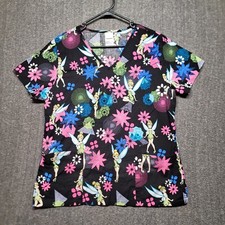 Disney Scrub Top Womens Medium Nurse Shirt Tinkerbell Black Floral Flower Fairy