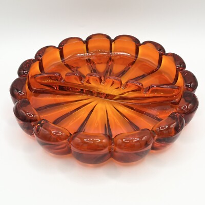 Vintage Viking Glass Ashtray Orange Red Heavy Round Mid- Century