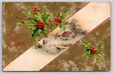 John Winsch Christmas~Holly Home River Bridge Joyful Greeting~Vintage Postcard