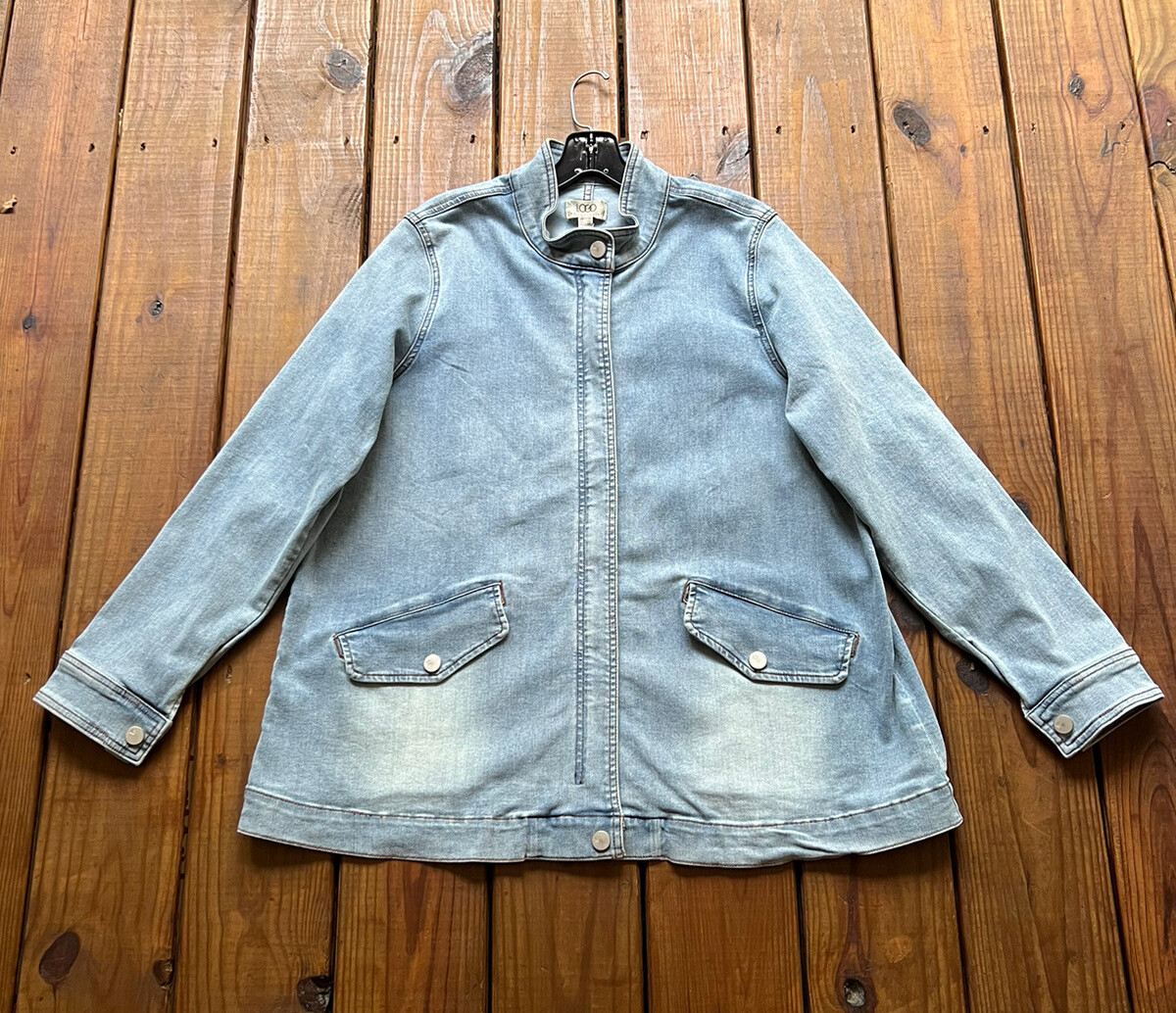 NWT LOGO women's size 14 light wash blue jean denim mock neck zip