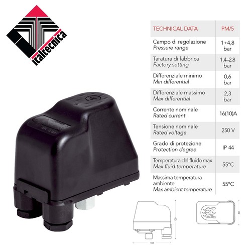 ITALTECINCA PM/5 Pressostato 1 - 4,8 bar, 1/4 pollici IG - 250V AC -10/16 A IP 44 - Foto 2 di 4
