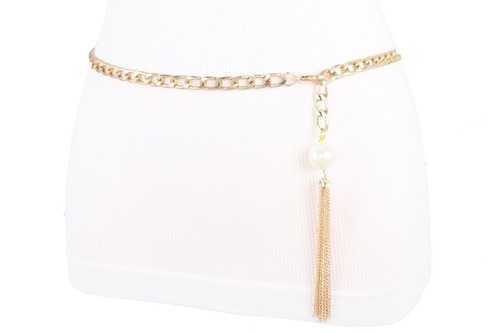 Women Fashion Belt Hip High Waist Gold Metal Chain Long Fringe Pearl Bead M L XL - Picture 8 of 12
