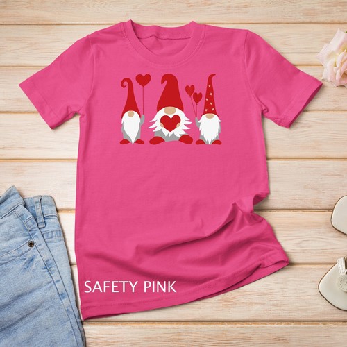 Three Cute Gnomes Holding Hearts Valentines Boys Girls Kids Unisex T-shirt - Picture 12 of 15