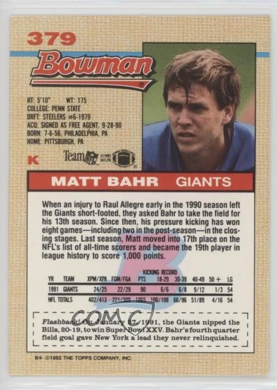 1992 Bowman Matt Bahr #379 - Image 2 of 2