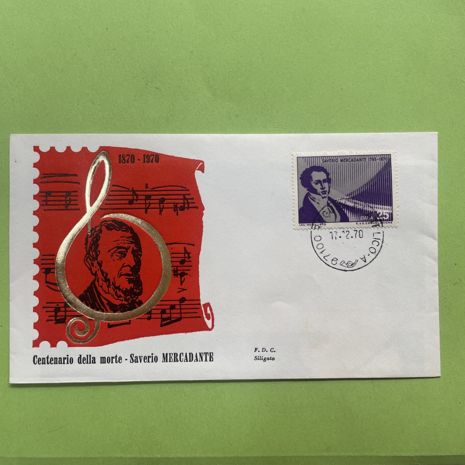CENTENARIO DELLA MORTE SAVERIO MERCADANTE F.D.C. BUSTA 1°GIORNO EMISSIONE 1970
