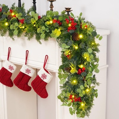 MARTINE MALL Christmas Garland 6.4FT Green&Red Artificial Pine Eucalyptus Lights