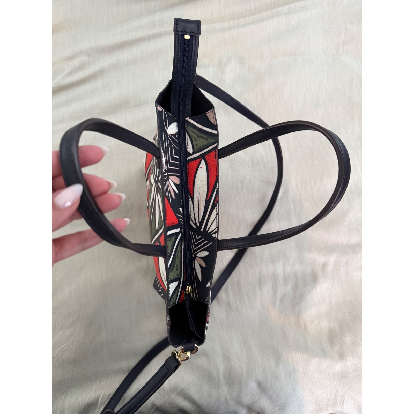 Tory Burch Kerrington Small Square Tote Navy Red Floral Geometric Crossbody Bag thumbnail 6