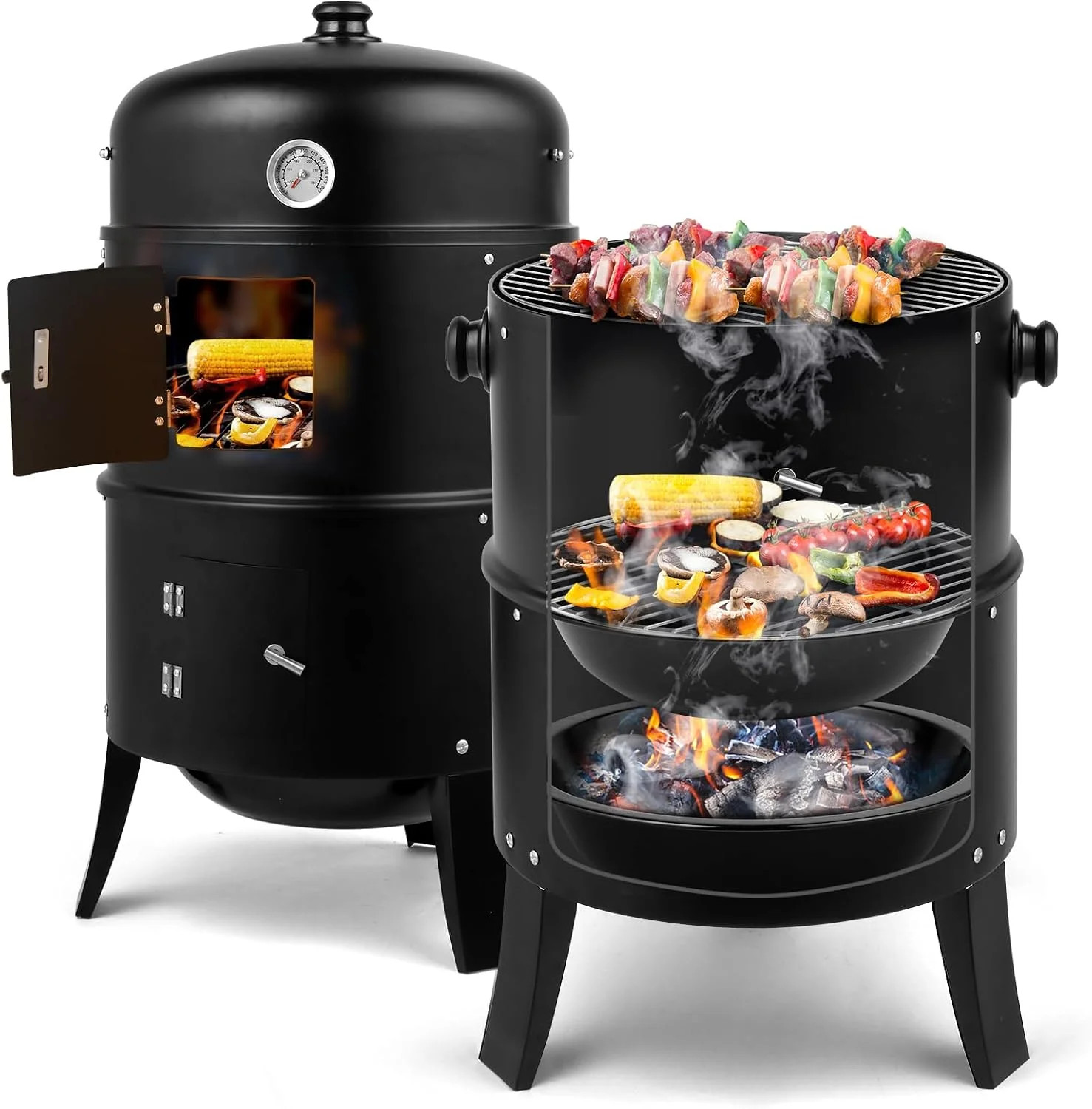 Vertical 17 Inch Charcoal BBQ Smoker, 3-in-1 Portable Outdoor Grill Cooker with