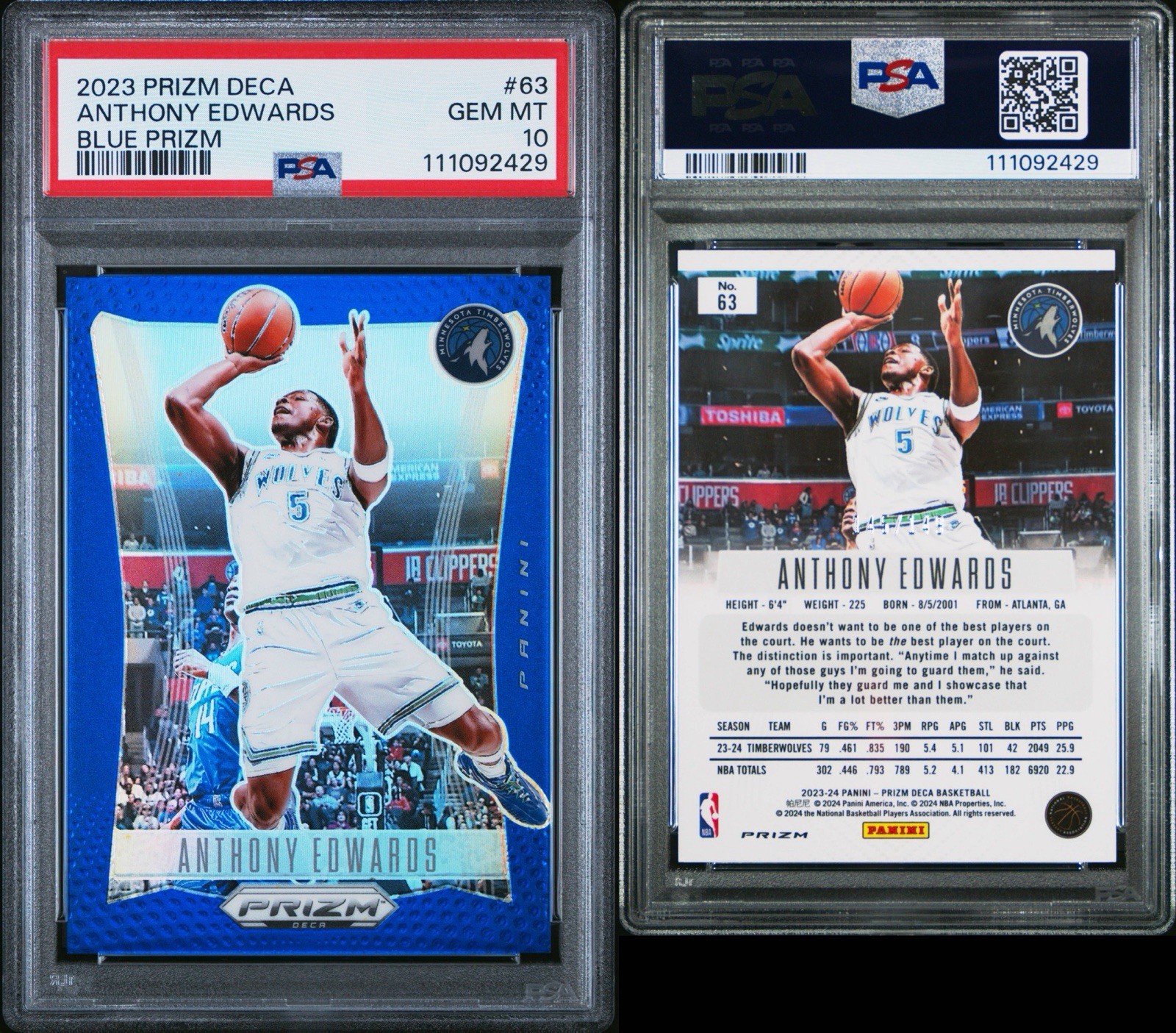 2023 Panini Prizm Deca - Anthony Edwards #63 Blue Prizm #’d 146/149 PSA 10 view 3