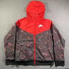 Nike Kids Windbreaker Jacket Red Black Graphic Print Hooded Full Zip Size L
